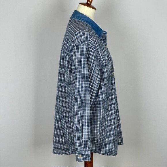Vtg Basic Editions Top Sz L Blue Plaid Floral Embroidered Country Cabincore - Picture 4 of 7